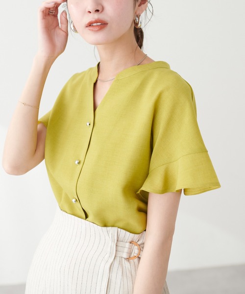 natural couture（ナチュラルクチュール）の「麻調合繊フリル袖ブラウス（シャツ/ブラウス・レディース・その他1/イエロー/ブラック/サックスブルー/ライトベージュ/ピンク・FREE）」の5枚目の写真