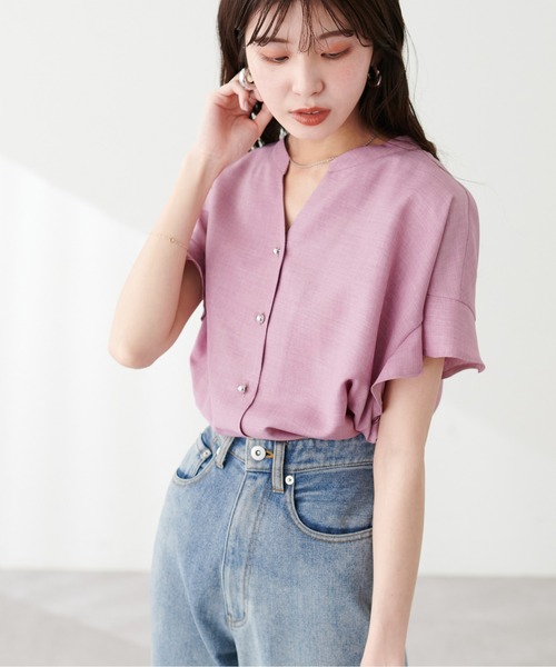 natural couture（ナチュラルクチュール）の「麻調合繊フリル袖ブラウス（シャツ/ブラウス・レディース・その他1/イエロー/ブラック/サックスブルー/ライトベージュ/ピンク・FREE）」の10枚目の写真