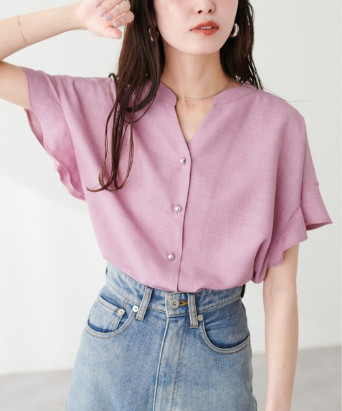 natural couture（ナチュラルクチュール）の「麻調合繊フリル袖ブラウス（シャツ/ブラウス・レディース・その他1/イエロー/ブラック/サックスブルー/ライトベージュ/ピンク・FREE）」の9枚目の写真