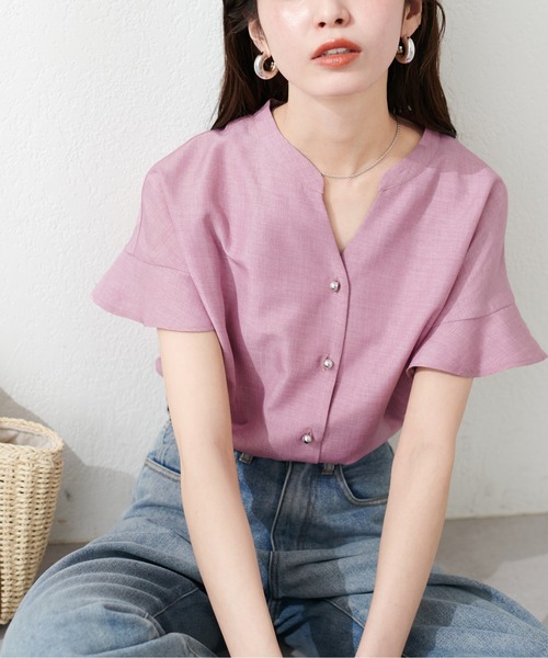 natural couture（ナチュラルクチュール）の「麻調合繊フリル袖ブラウス（シャツ/ブラウス・レディース・その他1/イエロー/ブラック/サックスブルー/ライトベージュ/ピンク・FREE）」の8枚目の写真