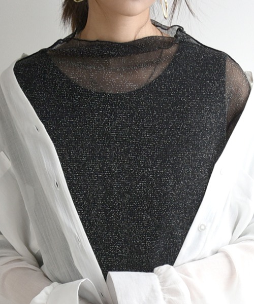and it_（アンドイット）の「ラメチュールボトルネック半袖プルオーバー（Tシャツ/カットソー・レディース・ブラック/オフホワイト/シルバー・M）」の5枚目の写真