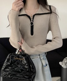 ECLIN（エクラン）の「ハーフジップ配色パイピングリブニットトップス（ニット/セーター）」