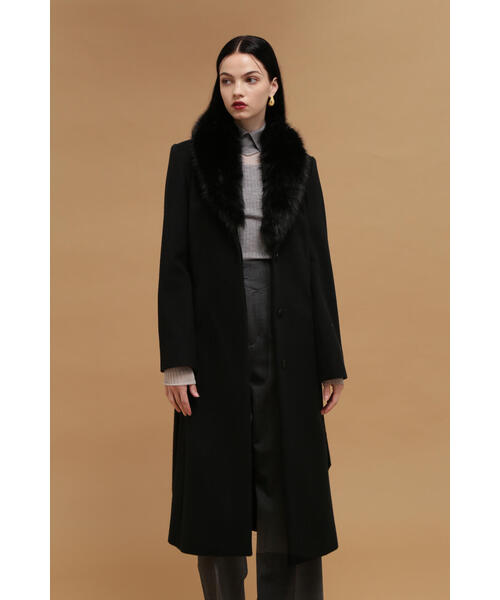 DKNY カシミヤ混レザートリミングベルテッドコート　胡桃ボタン　ブラック　4 ◇カシミア混ベルテッドコート（ステンカラーコート）｜PINKY&DIANNE