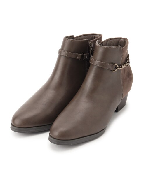 SHOO・LA・RUE(シューラルー)の「◆【22.5cm~25.0cm/ベルト取り外し可】きれいめスタイルに 2WAY 異素材配色ショートブーツ(ブーツ・レディース・ダークブラウン/ブラック・50/45/35/25)」の2枚目の写真