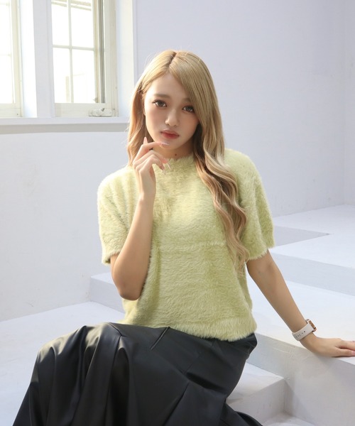 CECIL McBEE（セシルマクビー）の「フェザーニット半袖プルオーバー（ニット/セーター・レディース・ライトブルー/グリーン/グレイッシュベージュ/ピンク/オフホワイト・MEDIUM）」の4枚目の写真