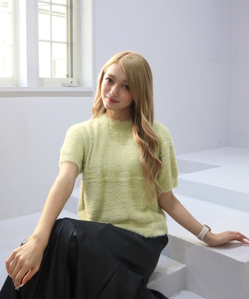 CECIL McBEE（セシルマクビー）の「フェザーニット半袖プルオーバー（ニット/セーター・レディース・ライトブルー/グリーン/グレイッシュベージュ/ピンク/オフホワイト・MEDIUM）」の6枚目の写真