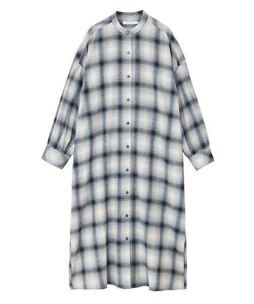 【美品】 45R 現行モデル シャツワンピース レギュラーカラー チェック柄 セール】バンドカラーチェックシャツワンピース（ワンピース