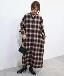 バンドカラーチェックシャツワンピース