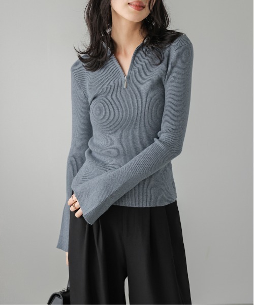 AMELY(エミリー)の「ハーフジップ リブニットトップス(ニット/セーター・レディース・グレー/アイボリー/ブラック/ボルドー/グレイッシュベージュ・フリー)」の6枚目の写真