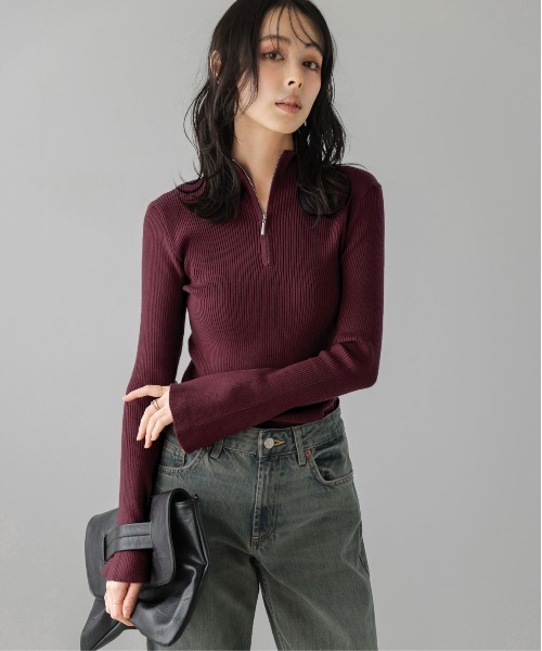 AMELY(エミリー)の「ハーフジップ リブニットトップス(ニット/セーター・レディース・グレー/アイボリー/ブラック/ボルドー/グレイッシュベージュ・フリー)」の15枚目の写真