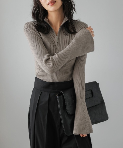 AMELY(エミリー)の「ハーフジップ リブニットトップス(ニット/セーター・レディース・グレー/アイボリー/ブラック/ボルドー/グレイッシュベージュ・フリー)」の18枚目の写真