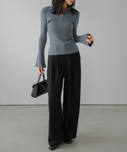 AMELY(エミリー)の「ハーフジップ リブニットトップス(ニット/セーター・レディース・グレー/アイボリー/ブラック/ボルドー/グレイッシュベージュ・フリー)」の8枚目の写真
