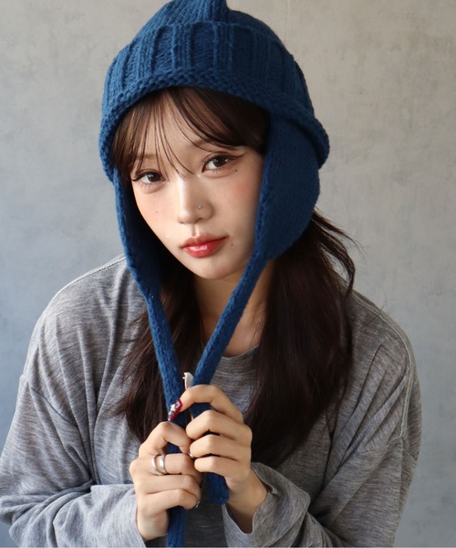 セール】【 BARELY BLUE / ベアリーブルー 】 耳当て付き ニット