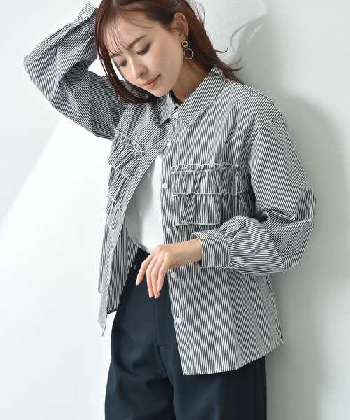 actuel（アクチュエル）の「【ａｃｔｕｅｌ】ＴＣブロードフリルデザインシャツ（シャツ/ブラウス・レディース・ブラック×ホワイト/オフホワイト/サックスブルー・FREE）」の3枚目の写真