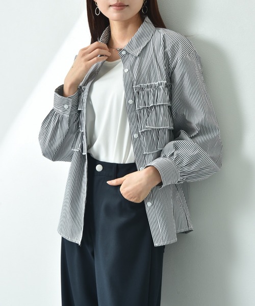 actuel（アクチュエル）の「【ａｃｔｕｅｌ】ＴＣブロードフリルデザインシャツ（シャツ/ブラウス・レディース・ブラック×ホワイト/オフホワイト/サックスブルー・FREE）」の7枚目の写真