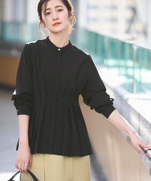 洗える ストレッチ | ウエストタック バンドカラー フレア ブラウス | レディース 体型カバー 長袖 オフィスカジュアル 無地 トップス シャツ