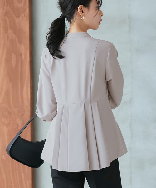 ルイルエブティック RUIRUE BOUTIQUE ウエストタック・バンドカラーフレアブラウス （ネイビー） 洗える ストレッチ ｜ ウエストタック バンドカラー フレア