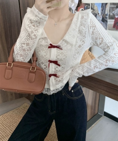 セール】Y2Kレースフリルショート丈長袖トップス ヴィンテージ風 V セール】Y2Kレースフリルショート丈長袖トップス ヴィンテージ風 V