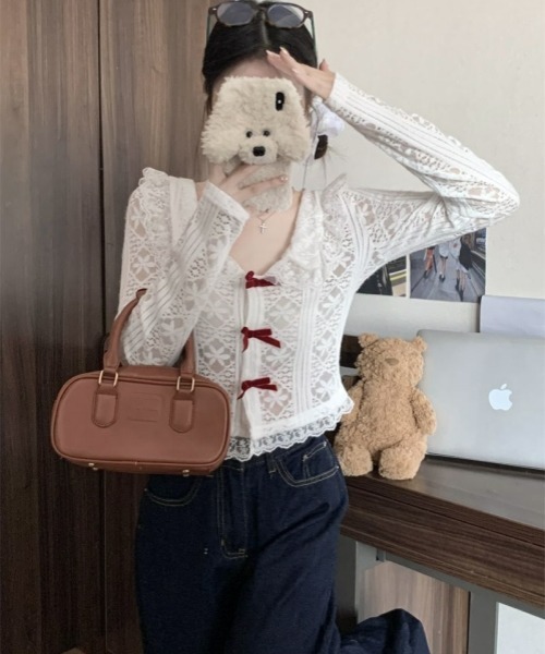 Y2Kレースフリルショート丈長袖トップス ヴィンテージ風 Vネック