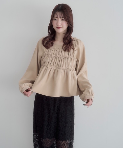 mellowneon(メロウネオン)の「スクエアギャザーブラウス(Tシャツ/カットソー・レディース・ブラック/グレー/ベージュ・FREE)」の12枚目の写真