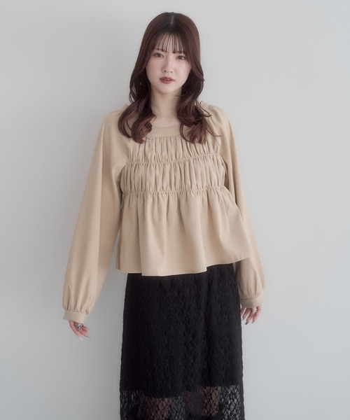 mellowneon(メロウネオン)の「スクエアギャザーブラウス(Tシャツ/カットソー・レディース・ブラック/グレー/ベージュ・FREE)」の13枚目の写真