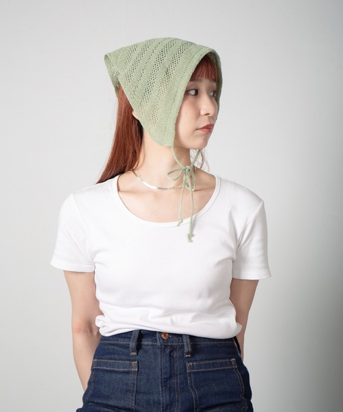 RACAL（ラカル）の「Stripe Lace Knitting scarf / ボーダー柄メッシュレース編みニットスカーフ（ニットキャップ/ビーニー・レディース・ブラウン/アイボリー/ブラック/グリーン・FREE）」の4枚目の写真