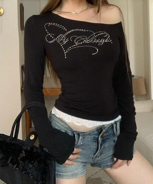 Lace Ladies（レースレディース）の「ラインストーン ロゴ ワンショルダー ドッキング プルオーバー（Tシャツ/カットソー・レディース・ブラック/モカ・XL/M）」の2枚目の写真
