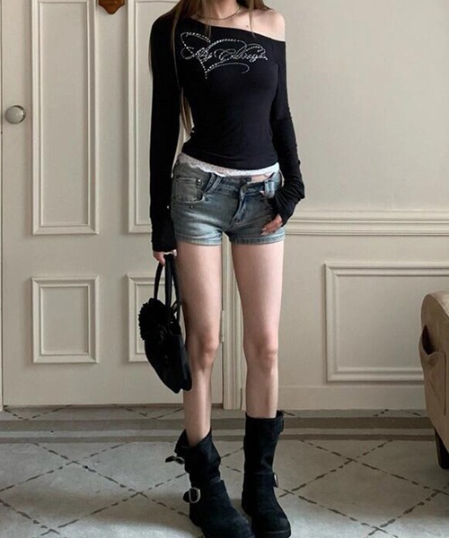 Lace Ladies（レースレディース）の「ラインストーン ロゴ ワンショルダー ドッキング プルオーバー（Tシャツ/カットソー・レディース・ブラック/モカ・XL/M）」の9枚目の写真
