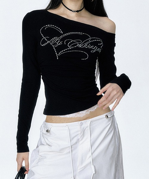 Lace Ladies（レースレディース）の「ラインストーン ロゴ ワンショルダー ドッキング プルオーバー（Tシャツ/カットソー・レディース・ブラック/モカ・XL/M）」の8枚目の写真