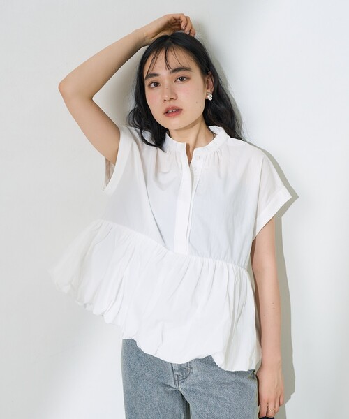 FREAK'S STORE(フリークスストア)の「裾バルーン フレンチスリーブチュニックシャツ / フリルブラウス(シャツ/ブラウス・レディース・オフホワイト/ブラック・フリ-)」の14枚目の写真