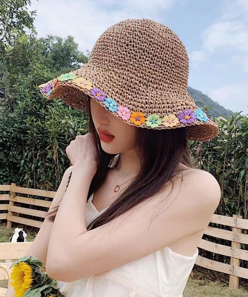 VIBGYOR（ヴィブジョー）の「pur chouchou/お花 刺繍 麦わら ペーパーハット P4460（ハット・レディース・ブラウン/ベージュ・FREE）」の5枚目の写真