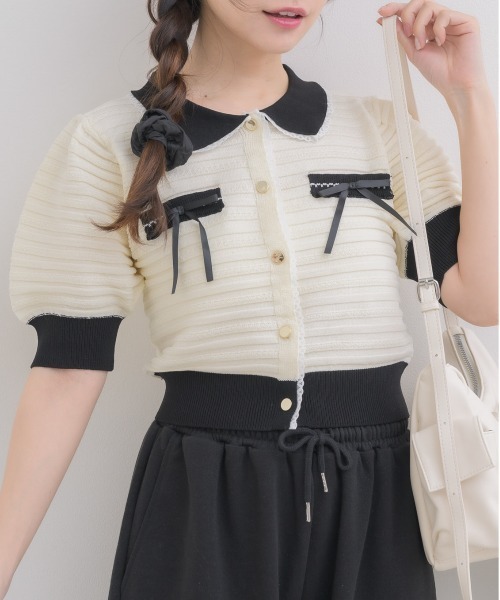 ems excite(エムズエキサイト)の「【EC限定カラー】襟付きヴィンテージカーデ(カーディガン/ボレロ・レディース・ダークブルー/ライトグレー/ピンク/ブラック/ブラック系その他3/ナチュラル・FREE)」の4枚目の写真