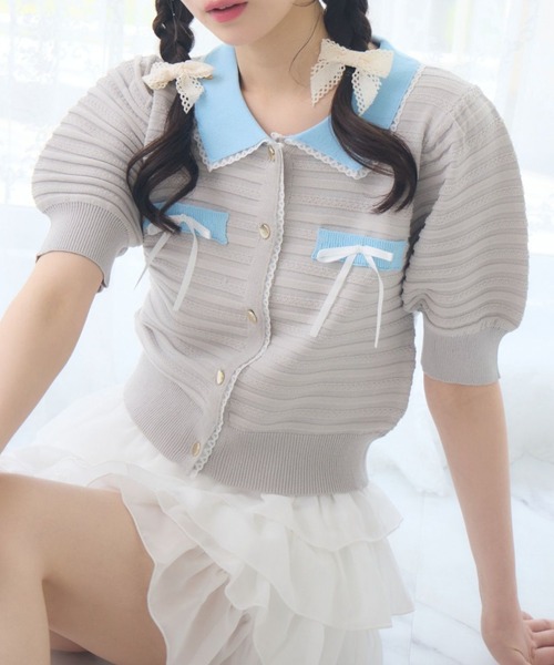 ems excite(エムズエキサイト)の「【EC限定カラー】襟付きヴィンテージカーデ(カーディガン/ボレロ・レディース・ダークブルー/ライトグレー/ピンク/ブラック/ブラック系その他3/ナチュラル・FREE)」の3枚目の写真