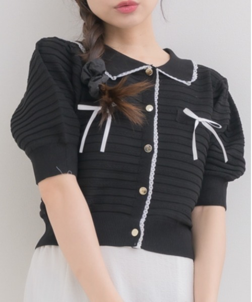 ems excite(エムズエキサイト)の「【EC限定カラー】襟付きヴィンテージカーデ(カーディガン/ボレロ・レディース・ダークブルー/ライトグレー/ピンク/ブラック/ブラック系その他3/ナチュラル・FREE)」の1枚目の写真