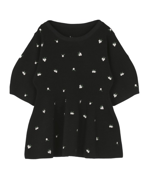 フラワー刺繍ペプラムニットトップス（ニット/セーター