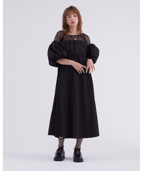 タフタ★バルーンスリーブ★ワンピース★ MARCHESA NOTTE セール】シアー切り替えバルーンスリーブワンピース【DIP IN