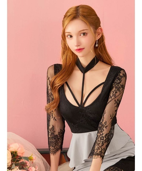 DAZZY（デイジー）の「デコルテコード シアーレース 七分袖 ペプラム タイトミニドレス（ドレス・レディース・ブラック×グレー/ホワイト×ピンク・S/M/L/LL）」の15枚目の写真