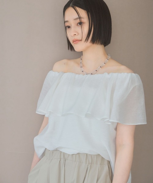 ハンドメイド 『リネン フリルスリーブ シャツ *フジイロ* フリーサイズ』 ハンドメイド 『リネン フリルスリーブ シャツ *フジイロ
