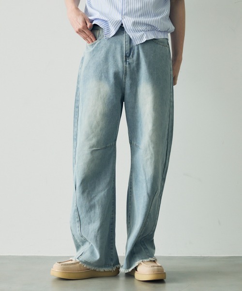 ヴィンテージデニム　ワイドガウンチョフリンジ セール】Wide curve denim pants with fringe hem / 裾フリンジ