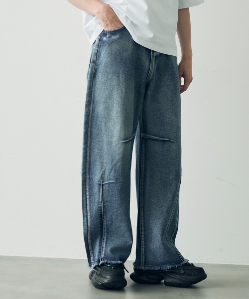 ホット セールの通販 セール】Wide curve denim pants with fringe hem / 裾フリンジ パンツ