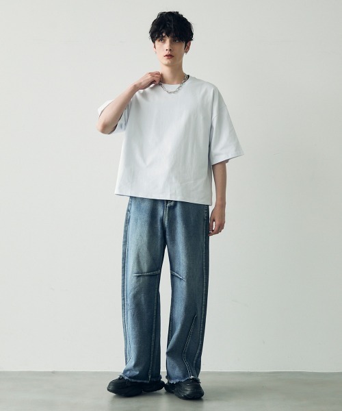 パンツ WOOALONG Washing curve pocket wide denim pants 4FK183 Washed Baggy Jeans CF416 - Korean Women's Fashion | LEWKIN