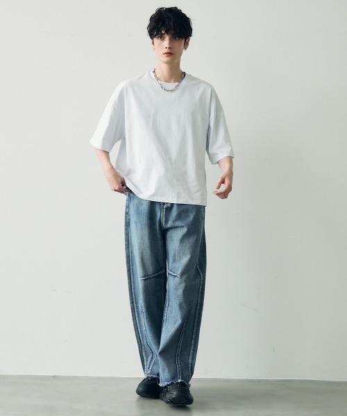 セール】Wide curve denim pants with fringe hem / 裾フリンジ
