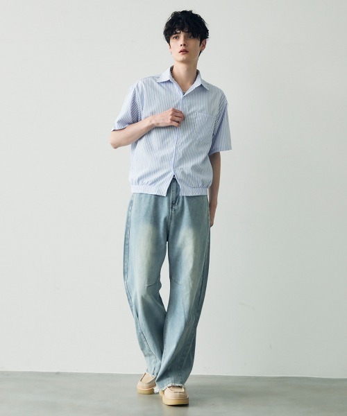 セール】Wide curve denim pants with fringe hem / 裾フリンジ