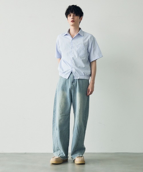 セール】Wide curve denim pants with fringe hem / 裾フリンジ