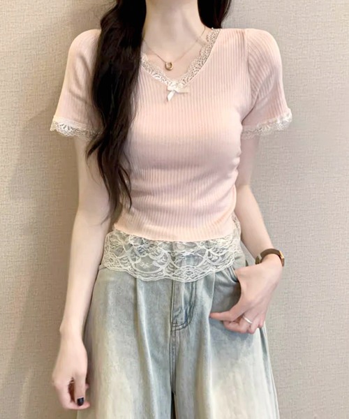 frunco(フランコ)の「【ZOZO限定】Vネックレース半袖ニット(ニット/セーター・レディース・ブラック/ホワイト/ブルー/イエロー/ピンク・FREE)」の5枚目の写真