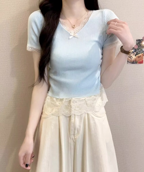 frunco(フランコ)の「【ZOZO限定】Vネックレース半袖ニット(ニット/セーター・レディース・ブラック/ホワイト/ブルー/イエロー/ピンク・FREE)」の4枚目の写真