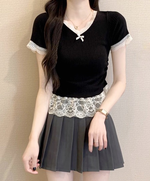 frunco(フランコ)の「【ZOZO限定】Vネックレース半袖ニット(ニット/セーター・レディース・ブラック/ホワイト/ブルー/イエロー/ピンク・FREE)」の3枚目の写真