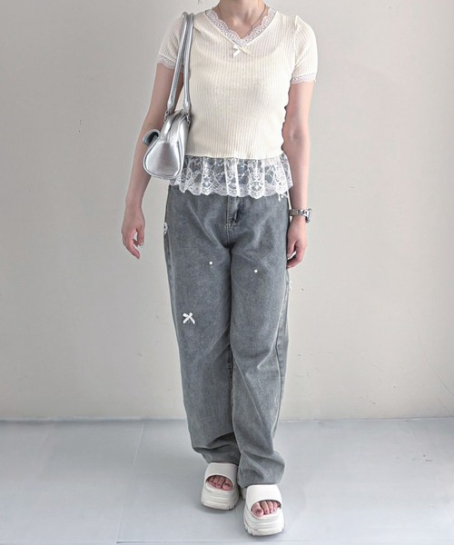 frunco(フランコ)の「【ZOZO限定】Vネックレース半袖ニット(ニット/セーター・レディース・ブラック/ホワイト/ブルー/イエロー/ピンク・FREE)」の10枚目の写真