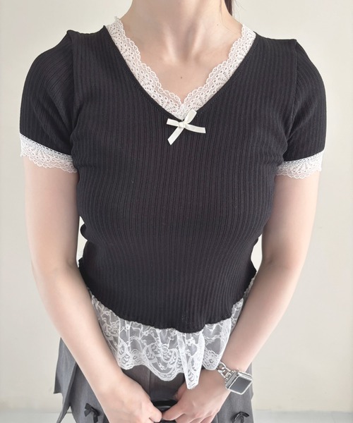 frunco(フランコ)の「【ZOZO限定】Vネックレース半袖ニット(ニット/セーター・レディース・ブラック/ホワイト/ブルー/イエロー/ピンク・FREE)」の20枚目の写真