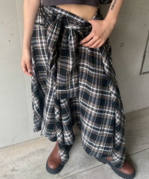 aclent アシンメトリー チェック ロングスカート シャツ アシンメトリーチェックロングスカート（スカート）｜ACLENT